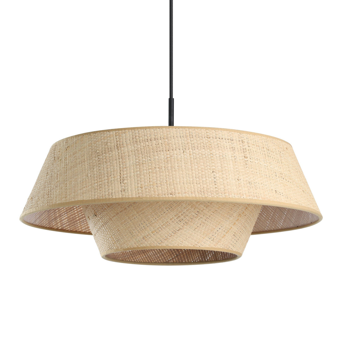 Prenvanne Pendant Light with a two-tier woven bast shade in natural straw tone, suspended from a black steel cable and canopy, shown on a plain white background.