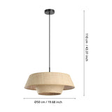Prenvanne pendant light with a two-tier woven bast shade in natural straw tone, black steel canopy and slim stem, shown with dimension markers for 50cm diameter and 110cm height on a white background.