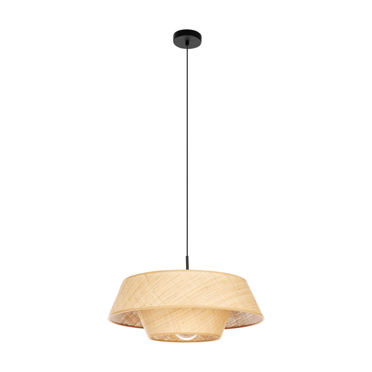 Prenvanne Pendant Light in black, featuring a two-tier woven bast shade in natural straw tone, suspended from a black steel ceiling canopy and slim cable, shown on a plain white background.