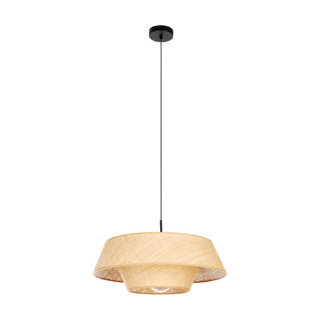 Prenvanne Pendant Light in black, featuring a two-tier woven bast shade in natural straw tone, suspended from a black steel ceiling canopy and slim cable, shown on a plain white background.