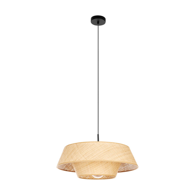Prenvanne Pendant Light in black, featuring a two-tier woven bast shade in natural straw tone, suspended from a black steel ceiling canopy and slim cable, shown on a plain white background.