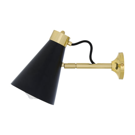 Preston Cone Wall Light with a matt black tapered cone shade, polished brass arm, cap and round backplate, shown on a plain white background.