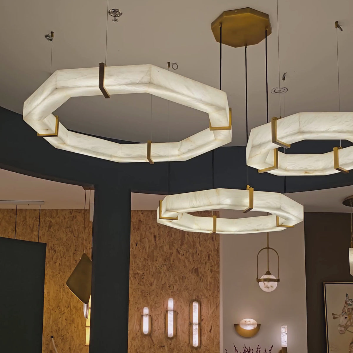 Vireon LED Triple Ring Alabaster Chandelier - Bronze