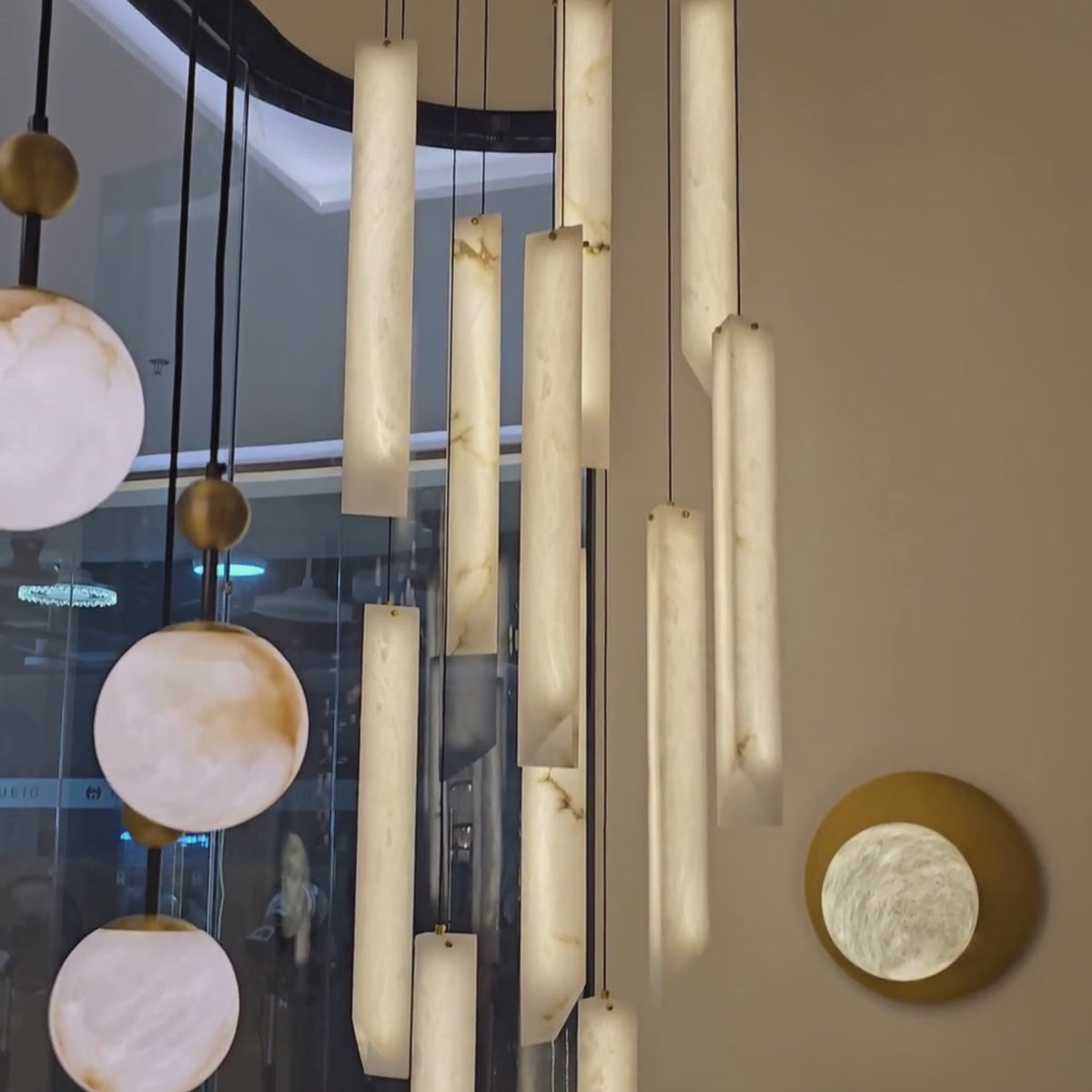 Grenoble LED 13 Light Blade Alabaster Chandelier - Brass