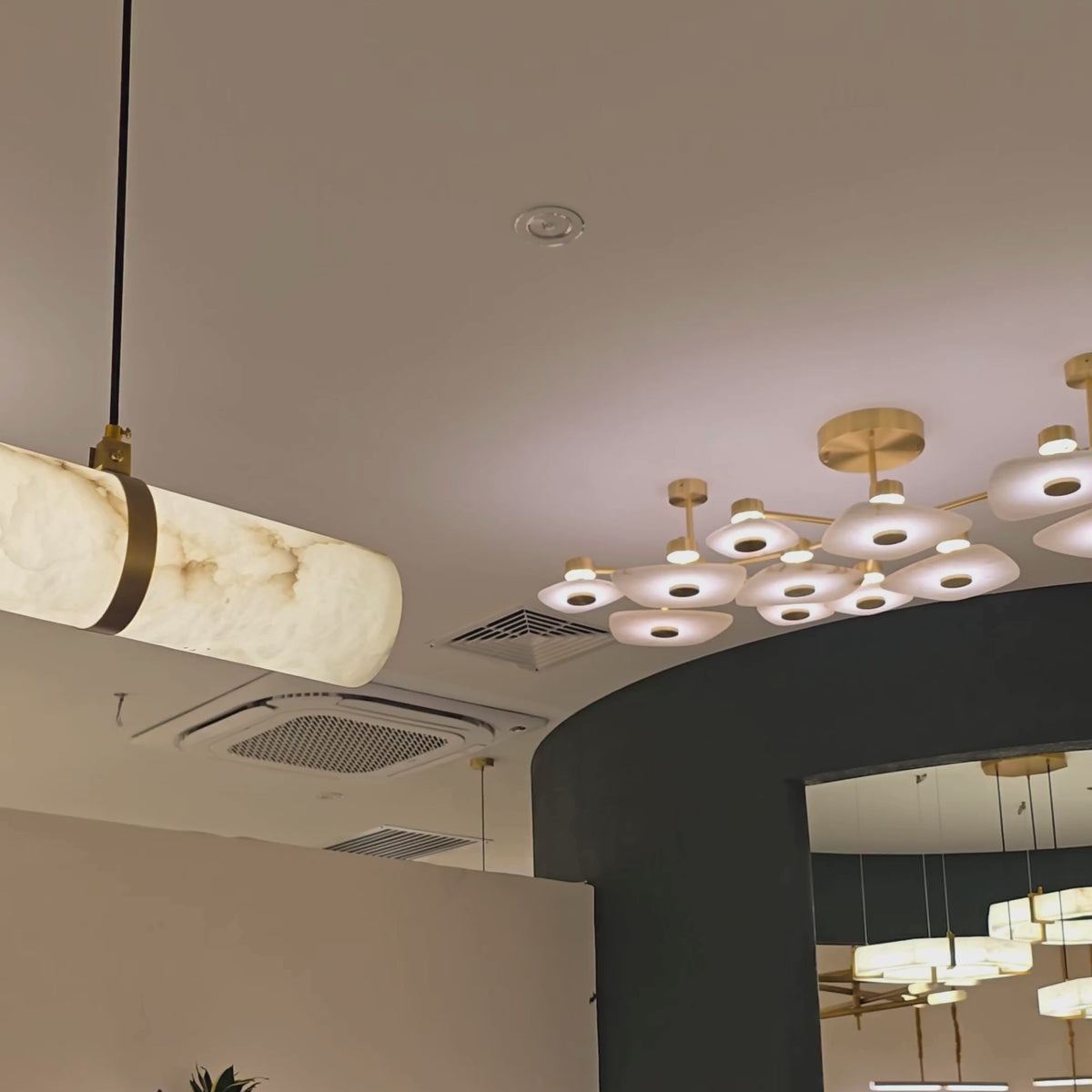 Zareon LED Small Curved Alabaster Chandelier - Brushed Brass & Soft White