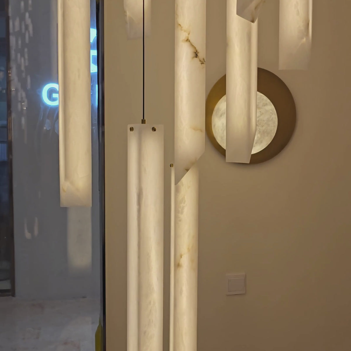 Grenoble LED 13 Light Blade Alabaster Chandelier - Brass