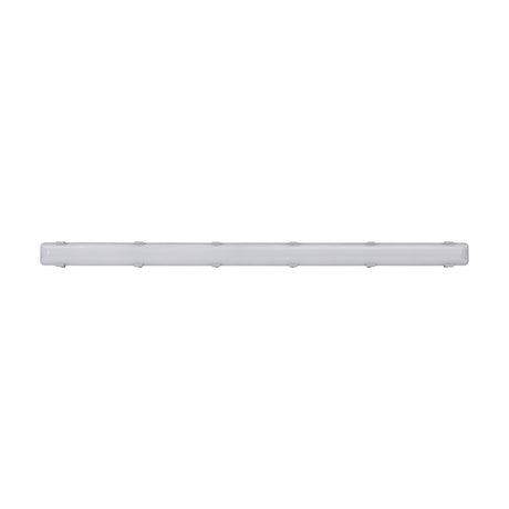 Prime LED Flush Ceiling Light, 148.8cm slim grey plastic body with white diffuser and grey side clips, IP65, cool white LED, shown on a plain white background.