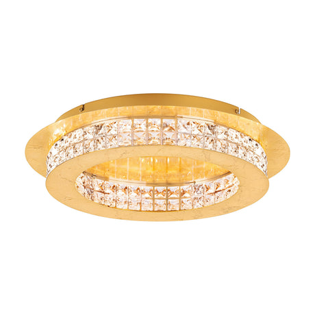 Principe LED 10 Light Flush Ceiling Light in gold, round tiered steel design with two bands of square-cut clear glass, shown on a plain white background.