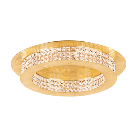 Principe LED 14 Light Flush Ceiling Light in gold, a round stepped steel fixture with two bands of square-cut crystal detail, shown on a plain white background.