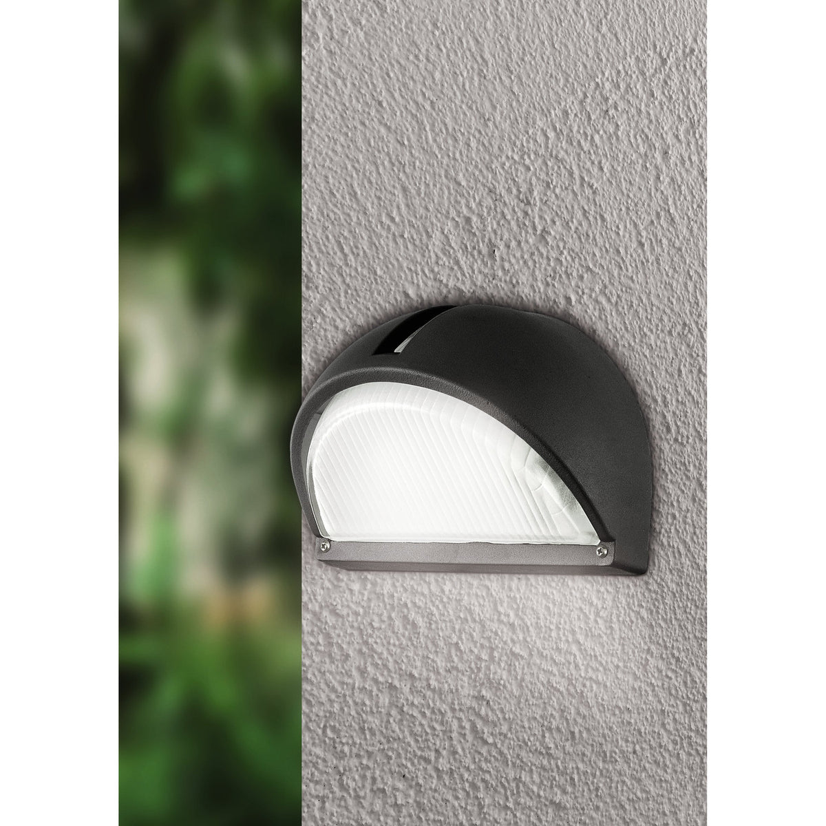 Prinorne Outdoor Wall Light in black cast aluminium with a curved half-dome hood and ribbed glass shade, mounted on a textured grey wall.