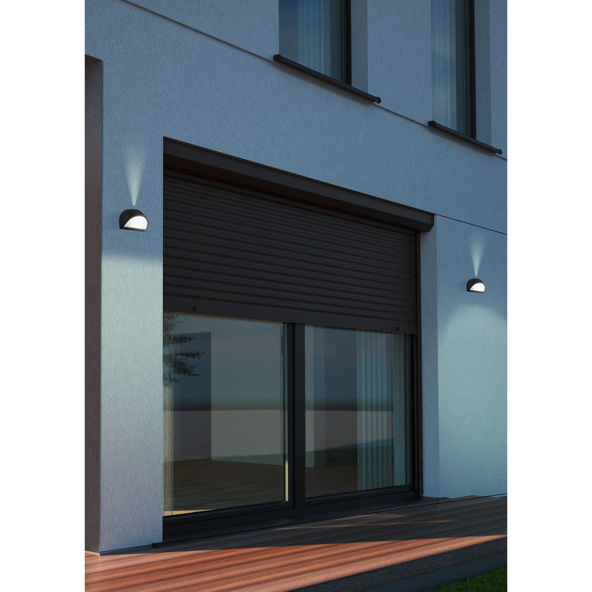 Prinorne Outdoor Wall Light in black aluminium with a curved half-dome hood, mounted beside a sliding glass door on a house exterior at dusk.