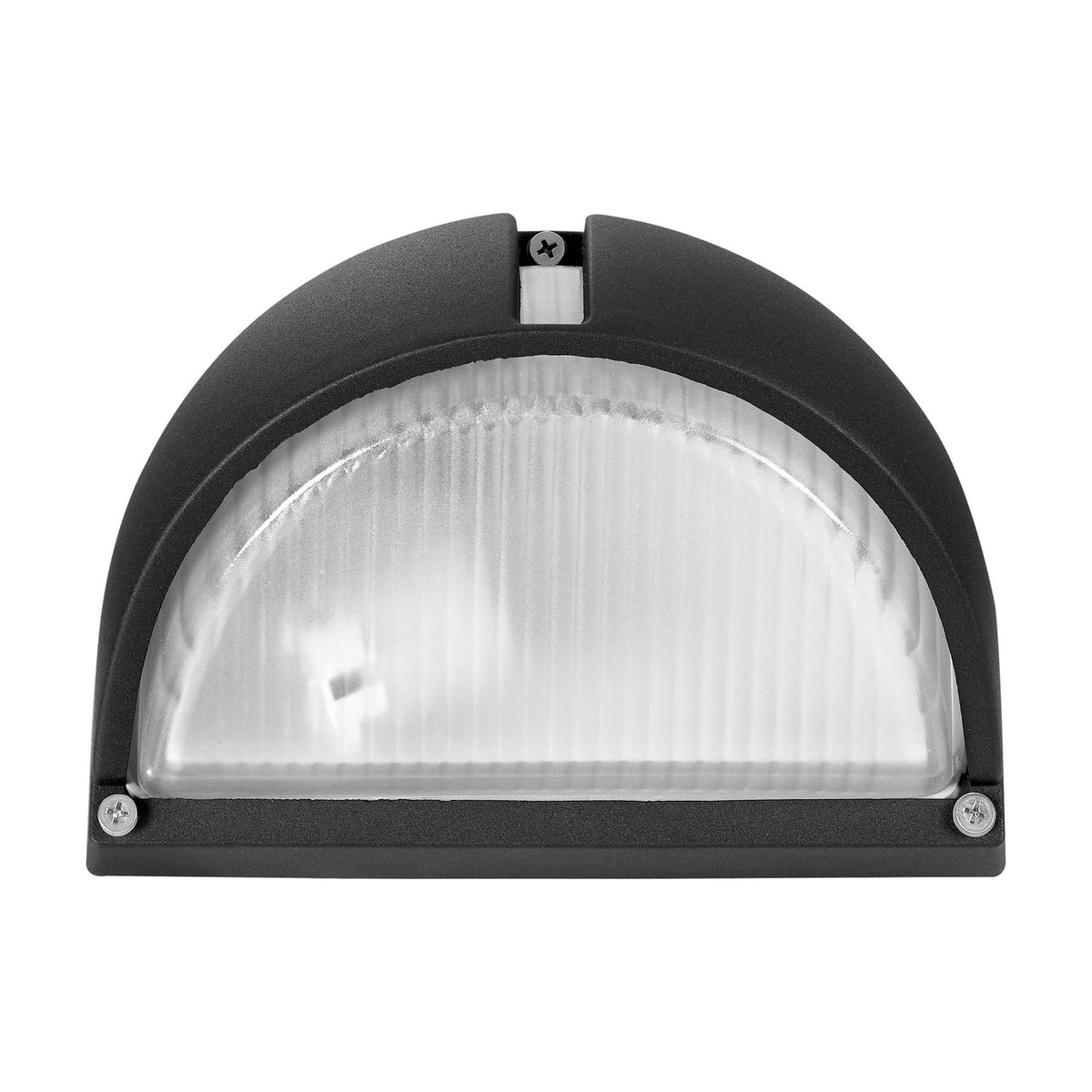 Prinorne Outdoor Wall Light in black cast aluminium, half-dome shape with ribbed glass shade and visible mounting screws, shown on a plain white background.