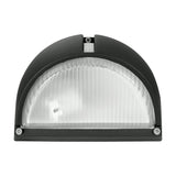 Prinorne Outdoor Wall Light in black cast aluminium, half-dome shape with ribbed glass shade and visible mounting screws, shown on a plain white background.