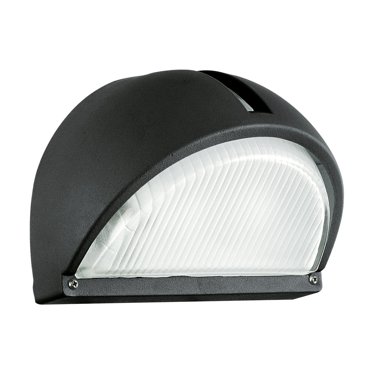 Prinorne Outdoor Wall Light in black cast aluminium, half-dome shape with a ribbed glass shade and visible fixing screws, shown on a plain white background.