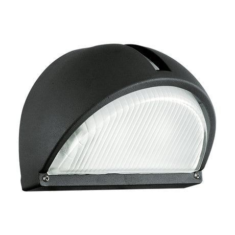 Prinorne Outdoor Wall Light in black cast aluminium, half-dome shape with a ribbed glass shade and visible fixing screws, shown on a plain white background.