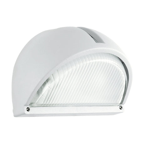 Prinorne Outdoor Wall Light in white, featuring a half-dome cast aluminium hood over a fluted glass shade with a screw-fixed base frame, shown on a plain background.