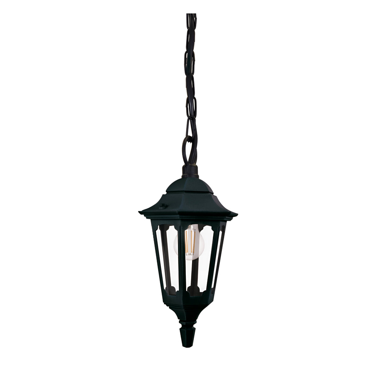 The Parish Mini 1 Light Outdoor Chain Pendant in black showcases a classic design with a hanging lantern style. It features a clear glass enclosure and visible light bulb for ambient lighting, enhanced by a black powder coating. The lantern is displayed against a white background.