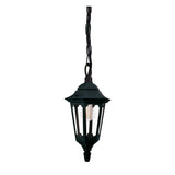 The Parish Mini 1 Light Outdoor Chain Pendant in black showcases a classic design with a hanging lantern style. It features a clear glass enclosure and visible light bulb for ambient lighting, enhanced by a black powder coating. The lantern is displayed against a white background.