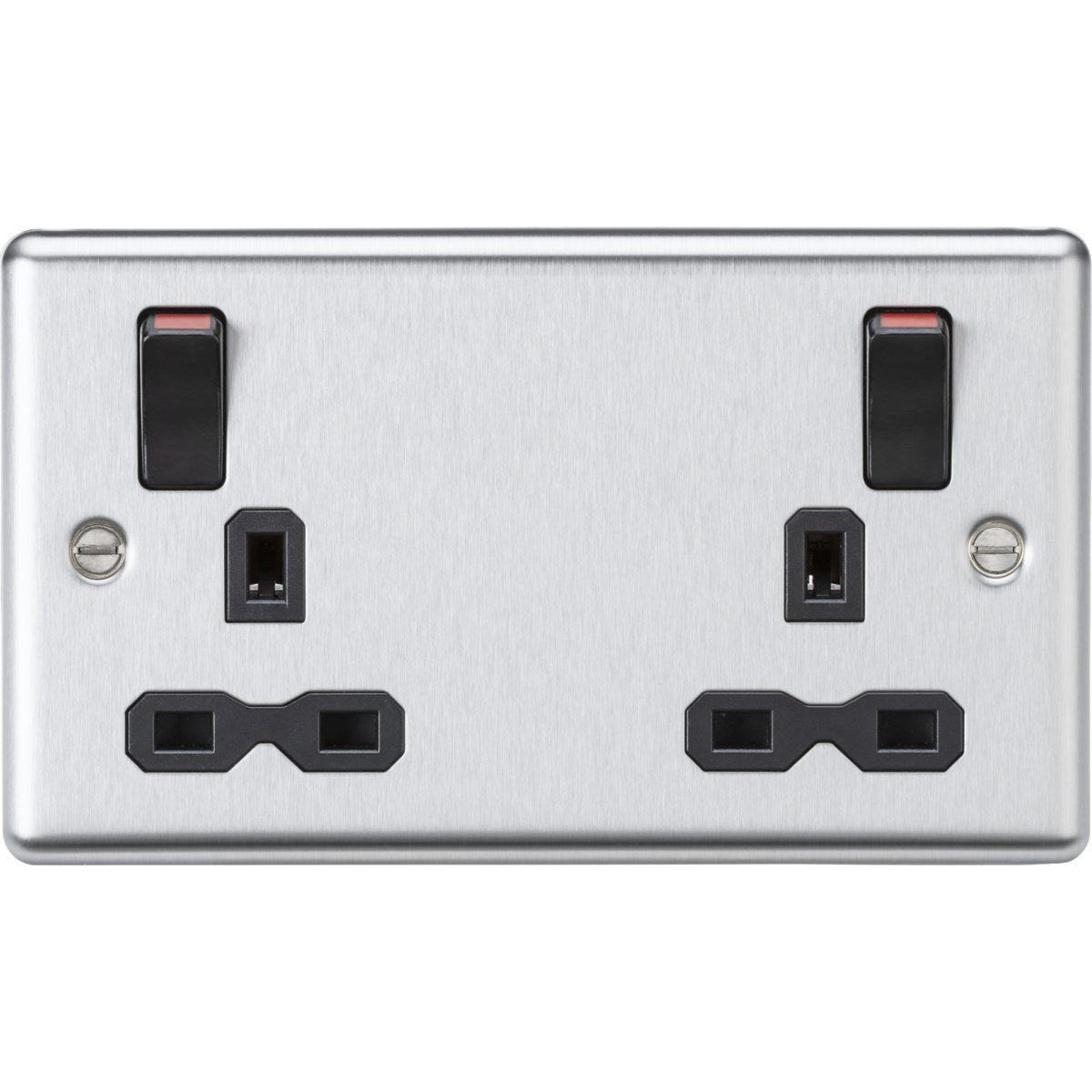 Stainless Steel 13A Double Socket DP Switched - Brushed Chrome (Black Insert)