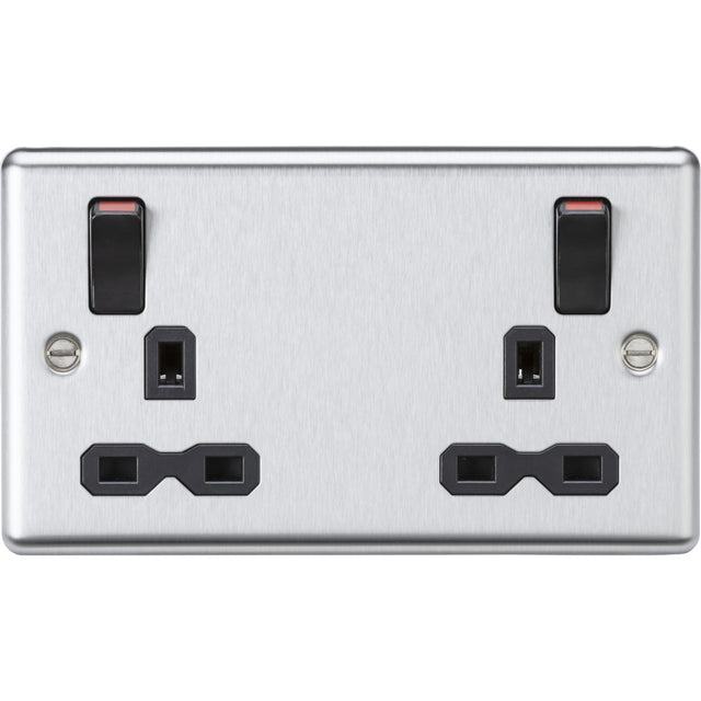 Stainless Steel 13A Double Socket DP Switched - Brushed Chrome (Black Insert)