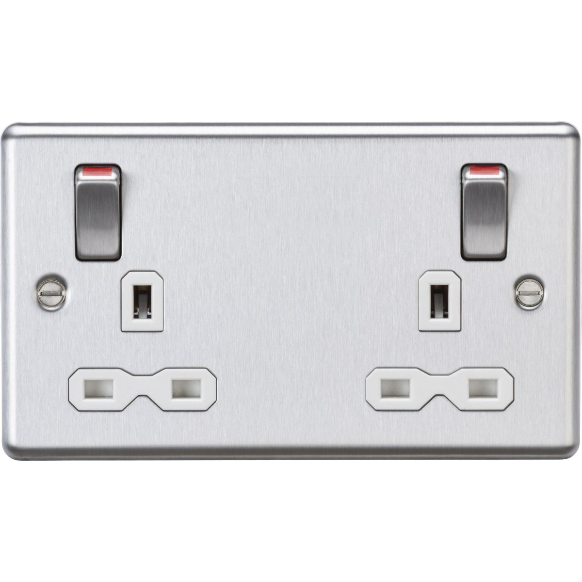 Stainless Steel 13A Double Socket DP Switched Metal Rockers - Brushed Chrome (White Insert)