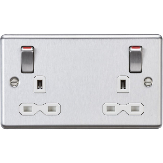 Stainless Steel 13A Double Socket DP Switched Metal Rockers - Brushed Chrome (White Insert)
