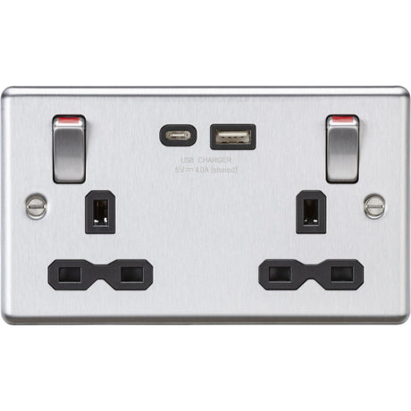 Stainless Steel 13A Double Socket with USB-A & USB-C Metal Rockers - Brushed Chrome (Black Insert)