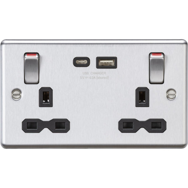 Stainless Steel 13A Double Socket with USB-A & USB-C Metal Rockers - Brushed Chrome (Black Insert)