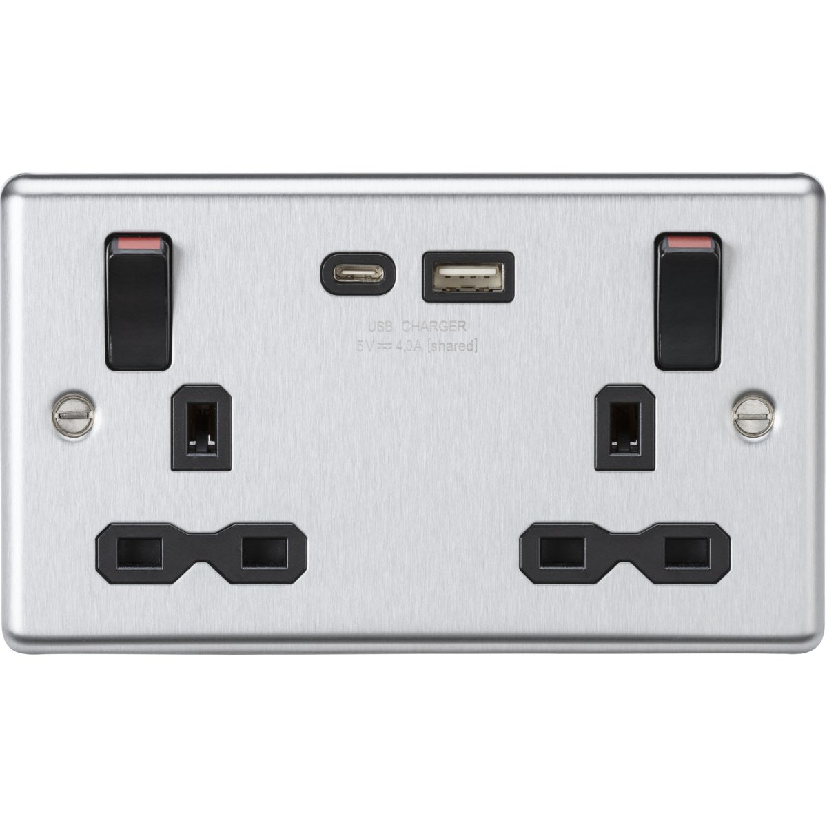 Stainless Steel 13A Double Socket with USB-A & USB-C - Brushed Chrome (Black Insert)
