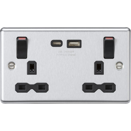 Stainless Steel 13A Double Socket with USB-A & USB-C - Brushed Chrome (Black Insert)
