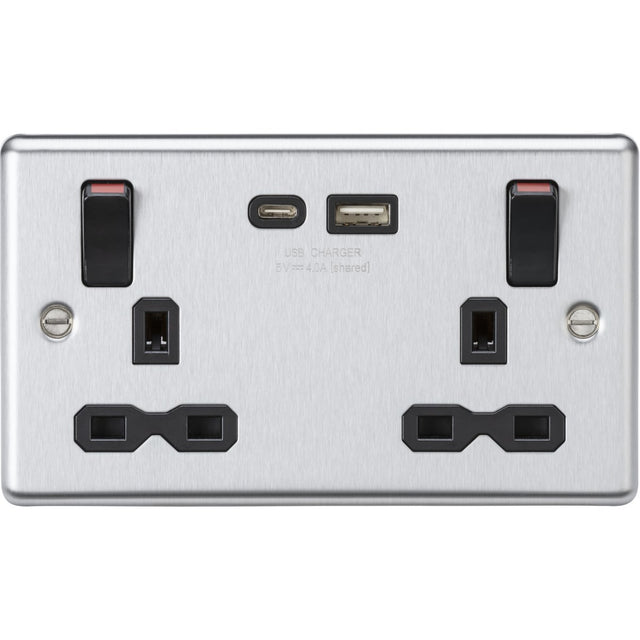 Stainless Steel 13A Double Socket with USB-A & USB-C - Brushed Chrome (Black Insert)