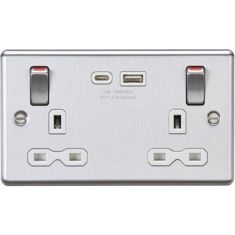 Stainless Steel 13A Double Socket with USB-A & USB-C Metal Rockers - Brushed Chrome (White Insert)