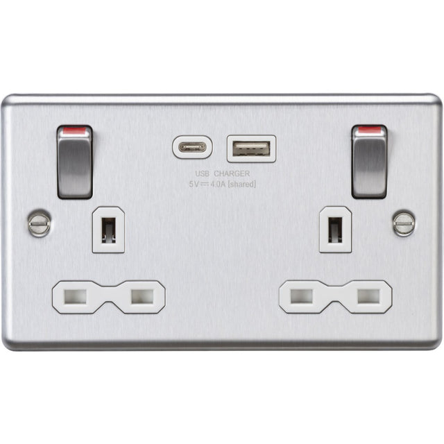 Stainless Steel 13A Double Socket with USB-A & USB-C Metal Rockers - Brushed Chrome (White Insert)