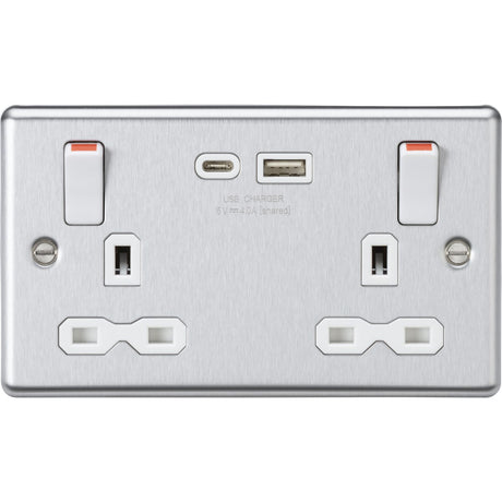 Stainless Steel 13A Double Socket with USB-A & USB-C - Brushed Chrome (White Insert)