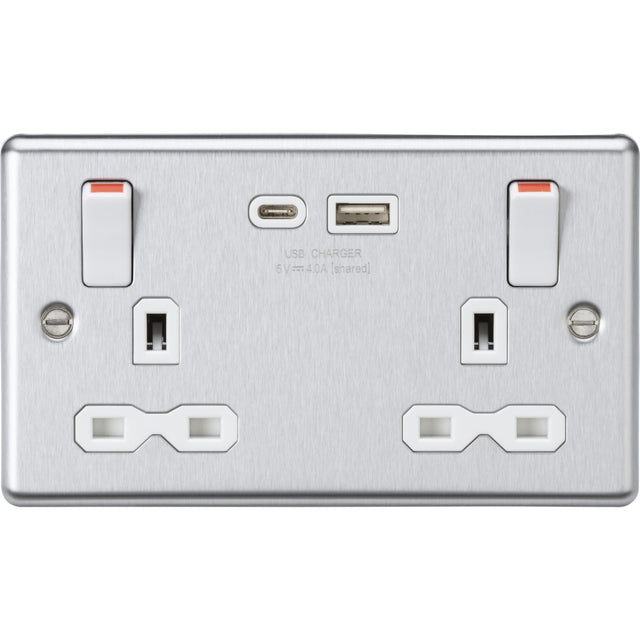 Stainless Steel 13A Double Socket with USB-A & USB-C - Brushed Chrome (White Insert)
