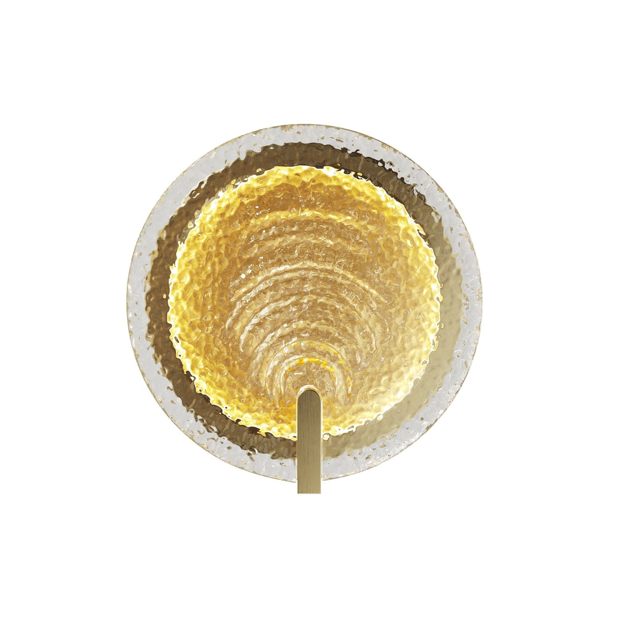 Maytoni Regatta Disc LED wall light with a hammered brass circular shade, textured concentric rings glowing warm white, on a brass stem mount.