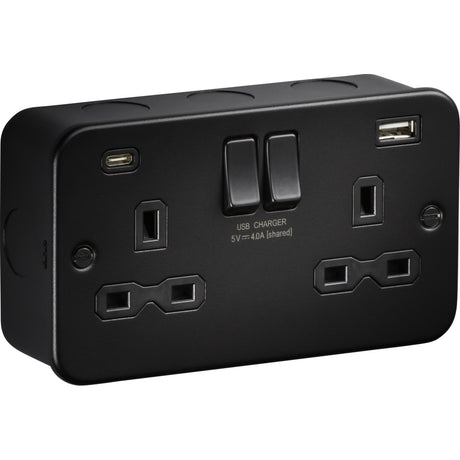 13A Double Socket with USB-A & USB-C - Metalclad Textured Black