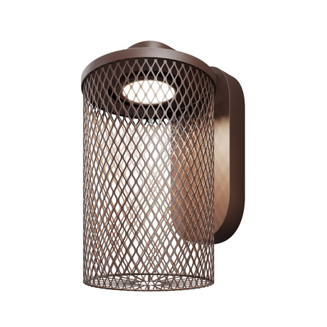 Maytoni Latticea LED outdoor wall light with a cylindrical brown aluminium frame and diamond-pattern steel mesh cage, integrated 6W 3000K LED at the top.