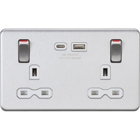 13A Double Socket with USB-A & USB-C - Brushed Chrome (White Insert)