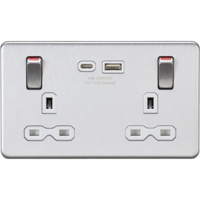 13A Double Socket with USB-A & USB-C - Brushed Chrome (White Insert)