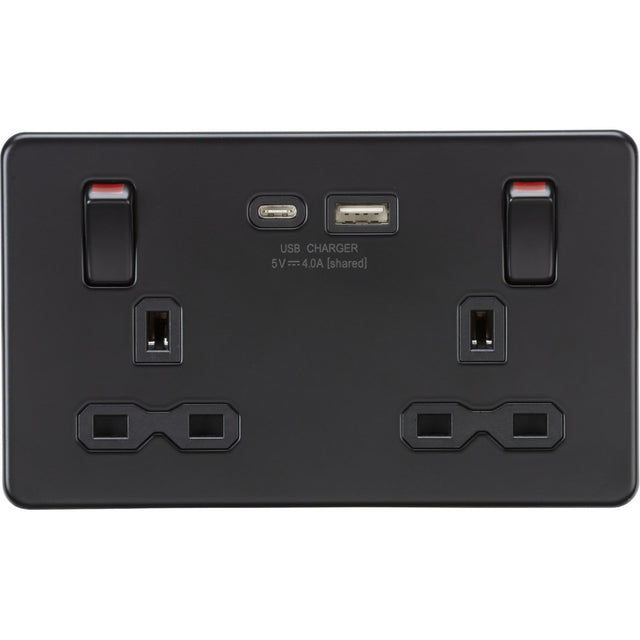 13A Double Socket with USB-A & USB-C - Matt Black
