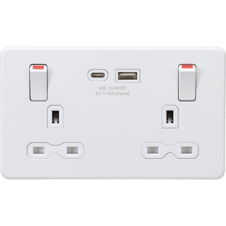 13A Double Socket with USB-A & USB-C - Matt White