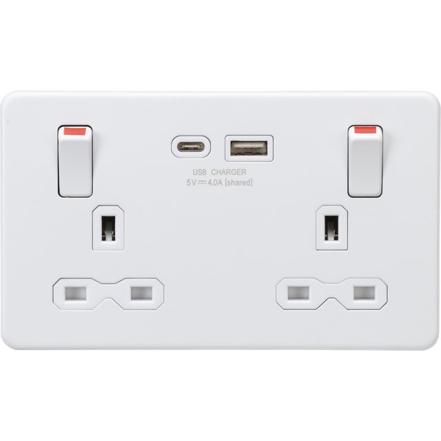 13A Double Socket with USB-A & USB-C - Matt White