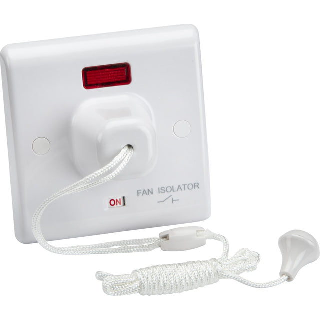 10A Fan Isolator Pull Cord Switch with Neon and Mechanical Indicators - White