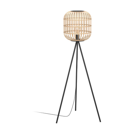 Prolbane Floor Lamp with black tripod steel legs and a barrel-shaped natural wood slat shade, single E27 fitting, on a plain white background.