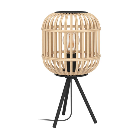 Prolbane Table Lamp in black, featuring a rounded wood slat cage shade with black top cap, exposed E27 bulb, and a black steel tripod base, shown on a plain white background.