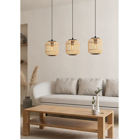 Prolbane Wooden Linear Pendant Light in black, three wood-slat drum shades with black caps on a black ceiling bar, shown above a coffee table in a living room.