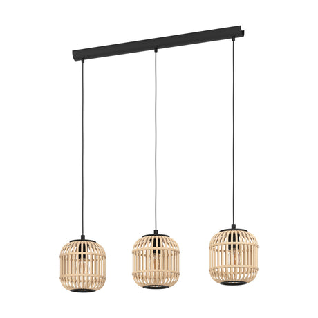 Prolbane Wooden Linear Pendant Light featuring three rounded wood slat cage shades with black caps, suspended from a black steel ceiling bar, shown on a plain white background.