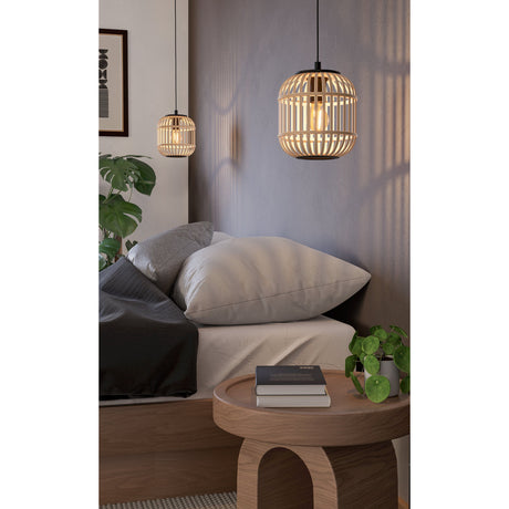 Prolbane wooden pendant light in black, 21cm rounded cage shade with natural wood slats and black canopy, shown over a bedside table in a bedroom setting.