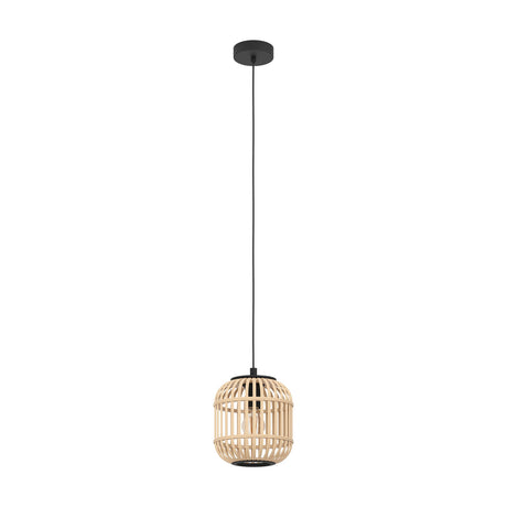 Prolbane 21cm wooden pendant light with rounded natural wood slat cage shade, black rings, and black cord from a black ceiling canopy, on a white background.